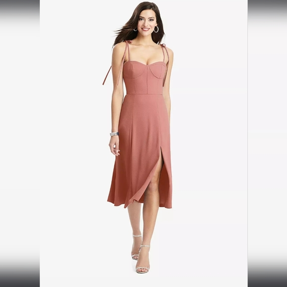Dessy Collection Bustier Crepe Midi Dress  With Adjustable Bow Straps 30… - Picture 1 of 9
